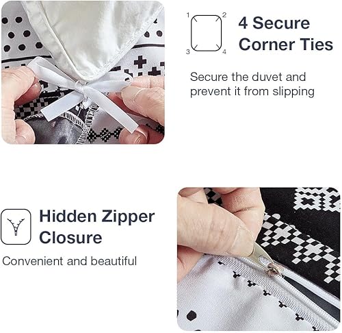 Miniatura 4 de Lekesky Funda de edredón bohemia tamaño Queen, funda de edredón reversible color negro y blanco, 3 piezas, microfibra súper suave, transpirable,