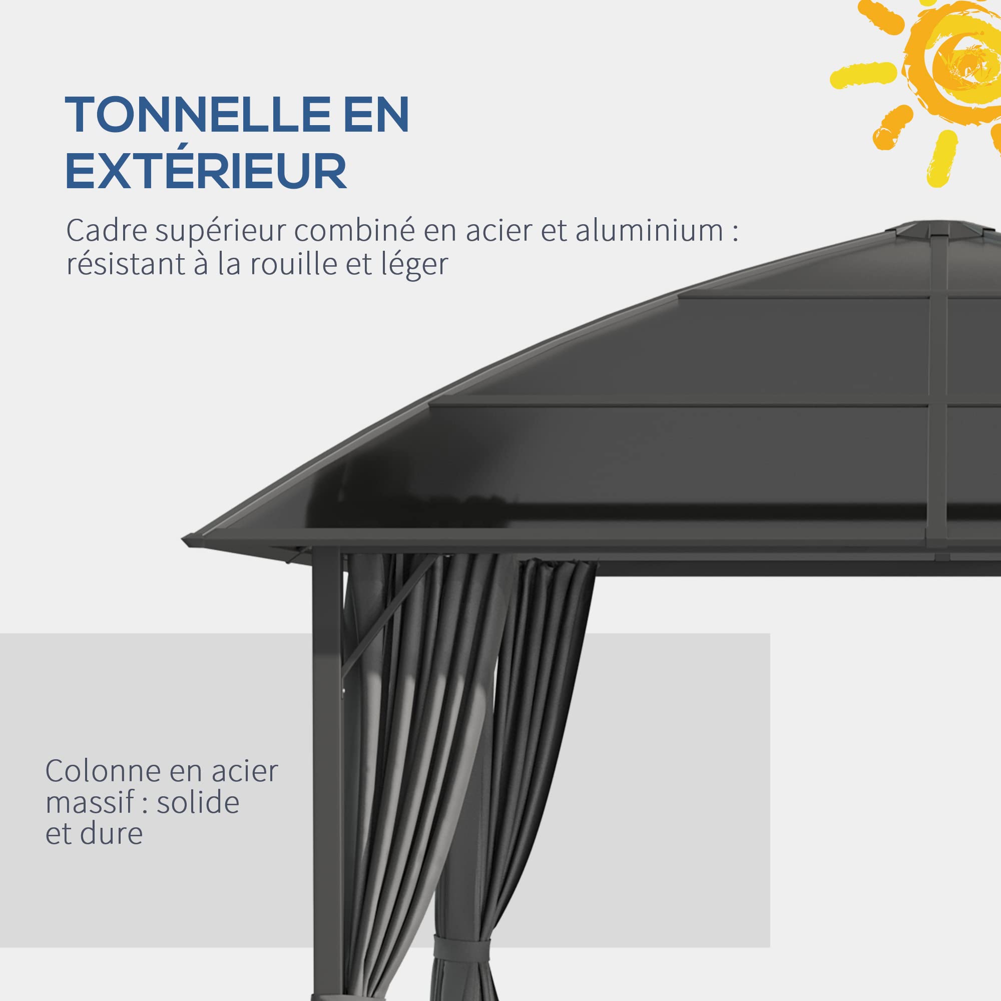 Outsunny Tonnelle de Jardin pavillon de Jardin 3 x 3 m Structure Aluminium Toit Polycarbonate imperméable UV 60+ avec parois latéraux Gris foncé