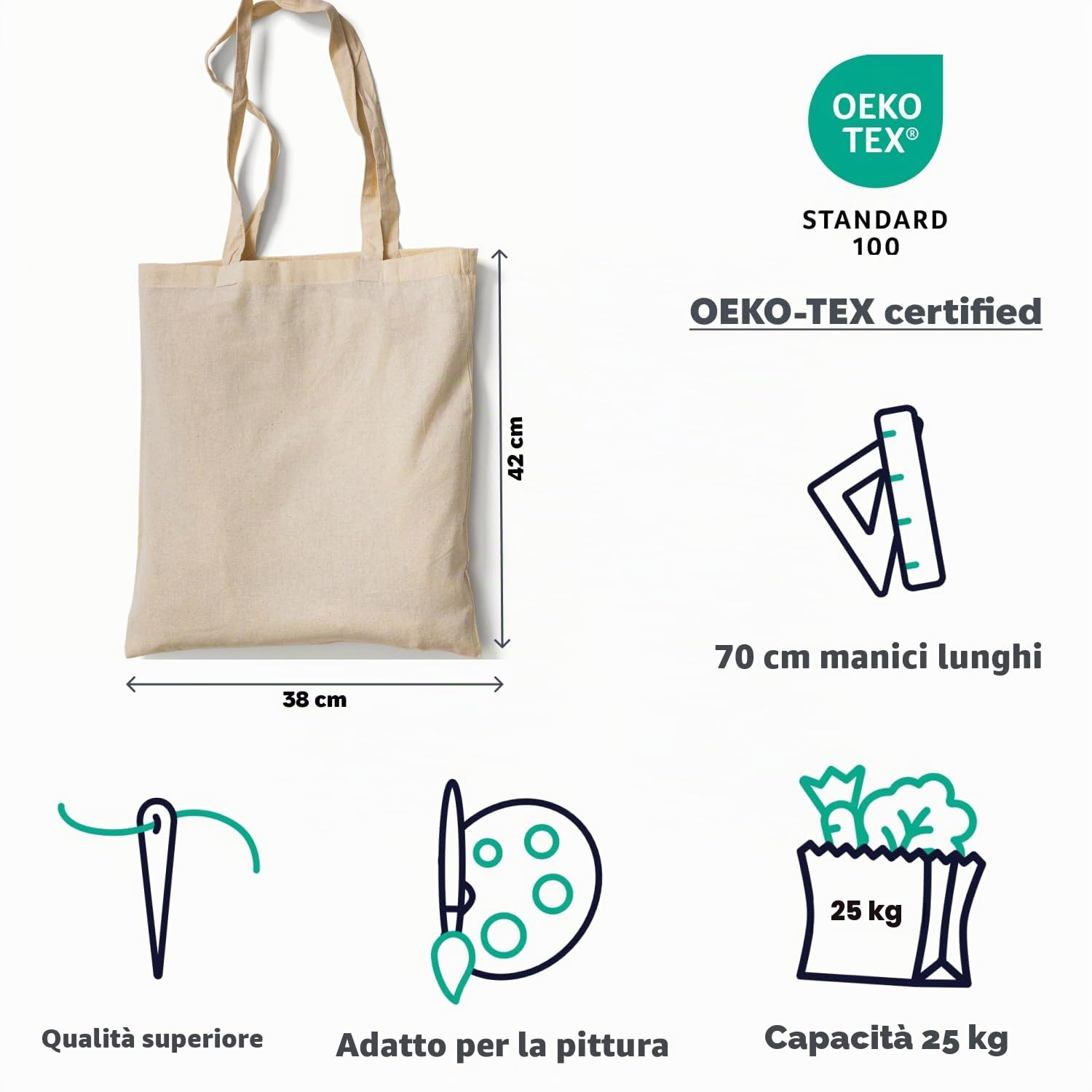 Borsa in cotone – in materiale ecologico – con manici lunghi – da stampare e dipingere – Certificazione Oeko-Tex – Borsa per la spesa – Borsa in tessuto – Borsa per il trasporto – per