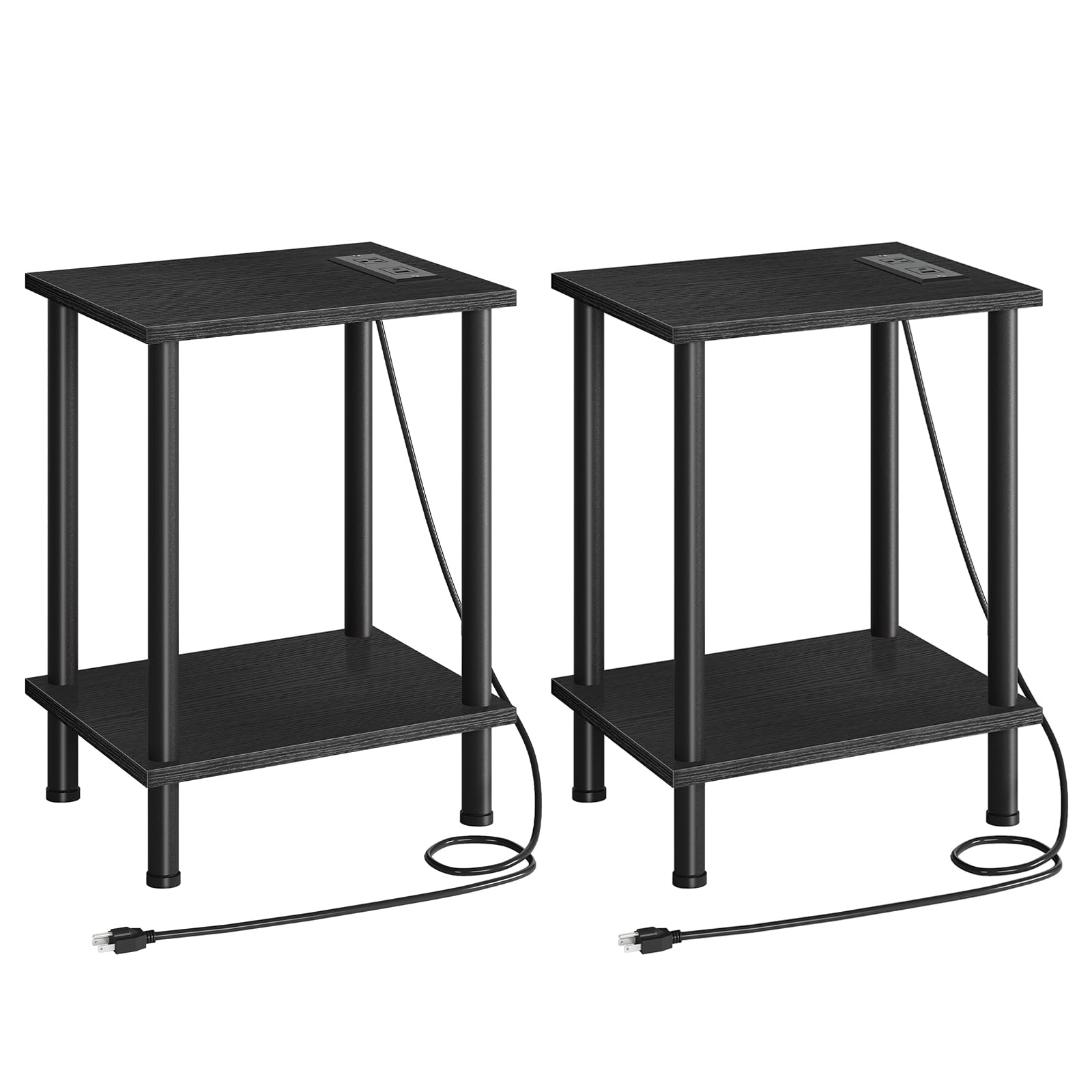 HOOBRO Side Table with Charging Station, Set of 2 End Tables with USB Port and Outlets, Nightstand with 2-Layer Storage Shelves for Small Spaces, Living Room, Bedroom, Black BK09UBZP201
