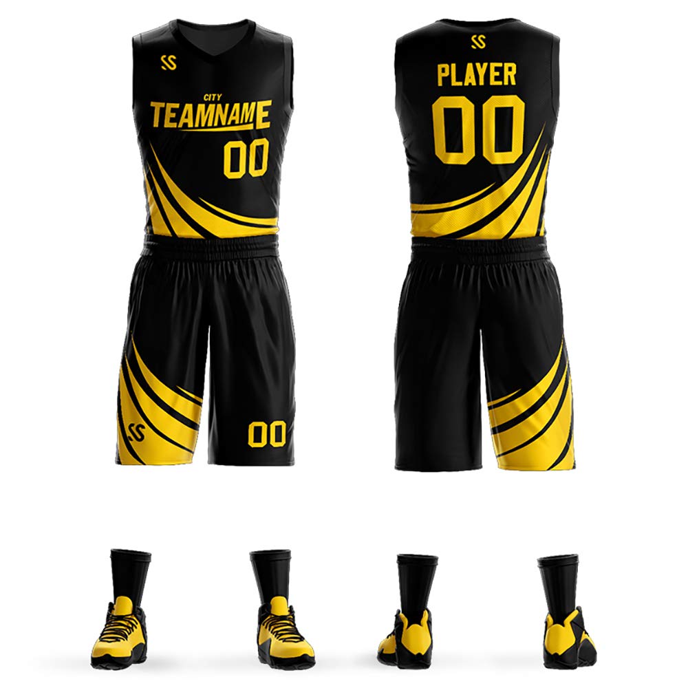 Custom Basketball Outfits Personalized Printed Name and Numbers Breathable Quick-Dry Sports Jersey for Men/Kid Black Yellow23 One Size