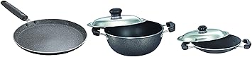 Prestige Base Kadhai with Lid, 20cm, 2.2 Liters, Black&Prestige Omega Deluxe Granite Dosa Tawa, Black, 25 cm&Prestige Omega Select Plus Aluminium Residue with Lid, 20 cm, Black