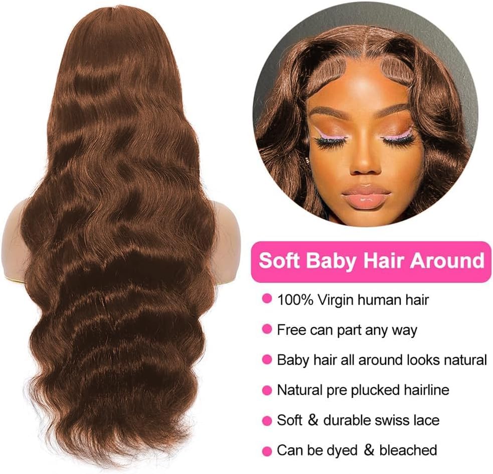 RXY Echthaar Perücke 13x4 Body Wave Braun 180% Dichte HD Lace Front Wig 100% Human Hair Wig #4 Perücke Damen mit Babyhaar Brown Human Hair for Women 18 Zoll(46cm) – Bild 4