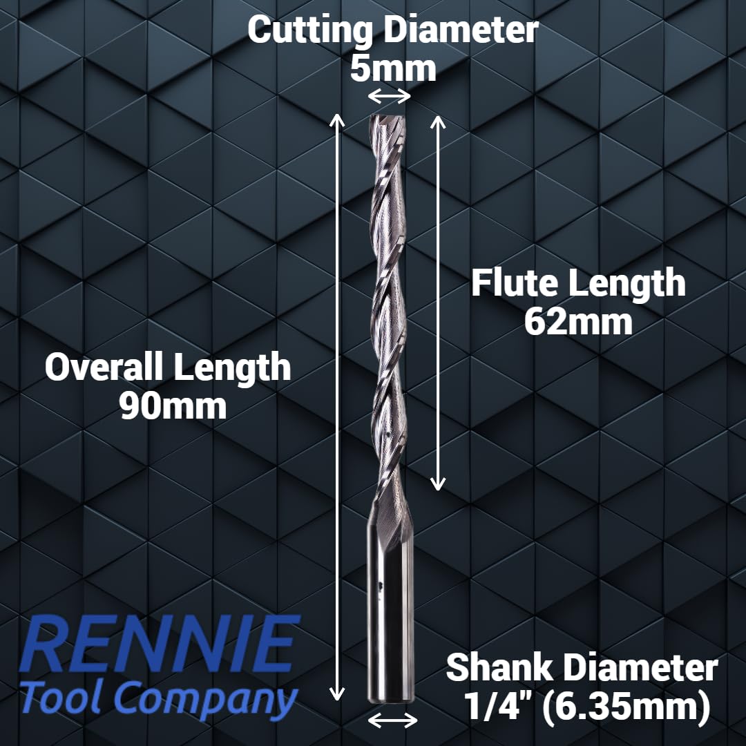 5mm x 62mm Flute x 1/4" Shank Solid Carbide Spiral 2 Flute Up Cut Router Bit for Wood Hard Wood, PVC & Acrylic (5mm x 62mm Flute) - Image 2