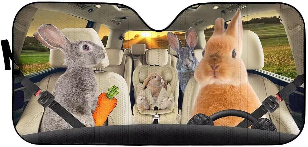 Rabbit Car Windshield Sun Shade Foldable Funny Car Front Window Sunshade,Pet Family Driver Auto Sunshield Animal Sun Shield Visor,Protector Block Cover for Car SUV Truck UV Rays 57x27.5 Inches