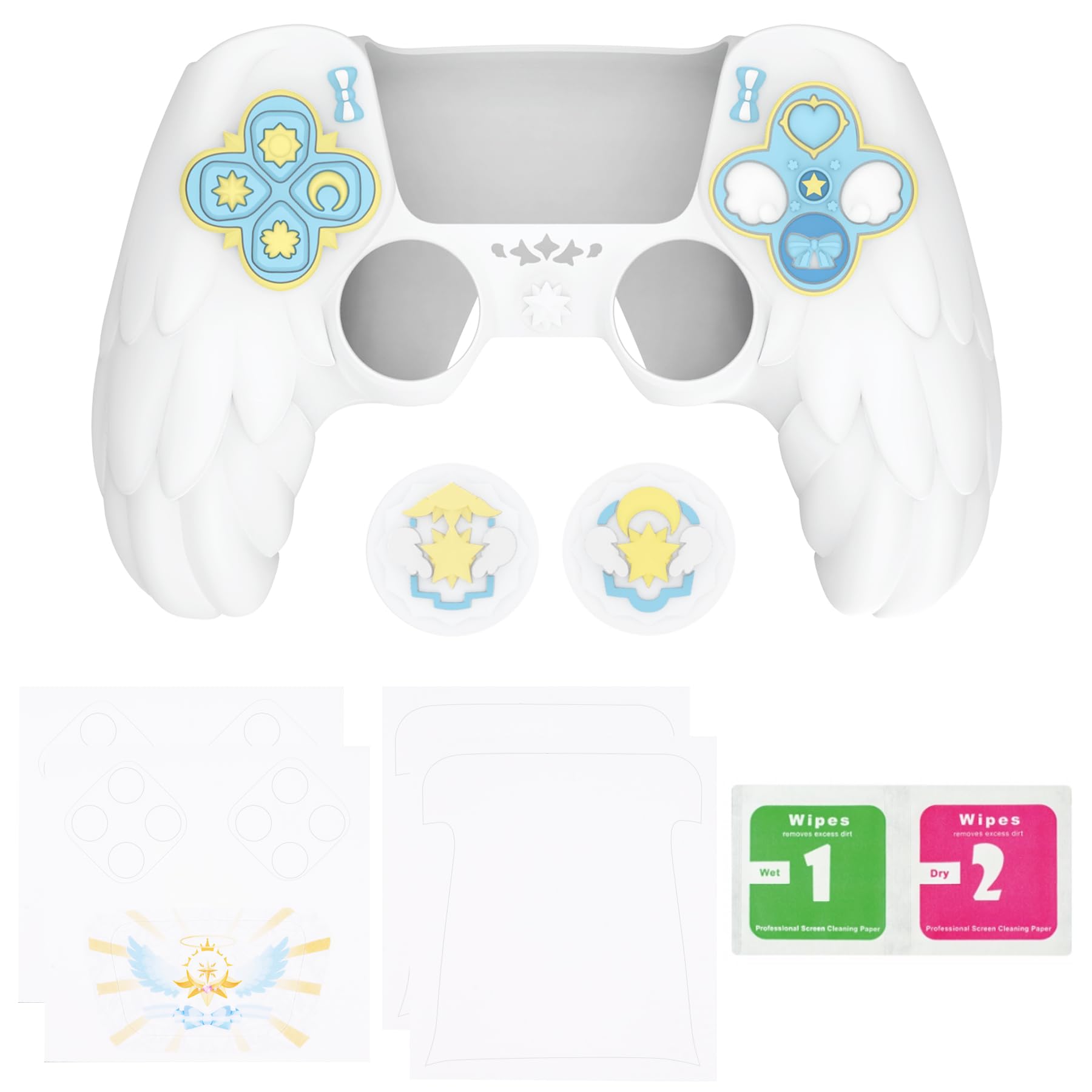 playvital Cover Controller per ps5 Joystick Custodia Silicone Skin Protettivo Grip Antiscivolo & Copri Analogici & Adesivi Carini, Adatto per ps5 Base di Ricarica, Ali Magiche-Bianco