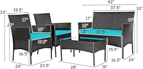 Miniatura 5 de Tangkula Juego de muebles de patio de 4 piezas, juego de conversación de mimbre al aire libre con mesa de café de vidrio templado, juego de sofá de