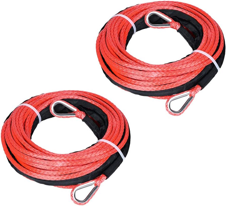 2pcs 50ft 1/4" Red UHMWMPE Synthetic Rope Extension with 39" Rock Guard Thimbles 7500lbs for ATV UTV Tow Truck 4WD 4x4 Snow Plow