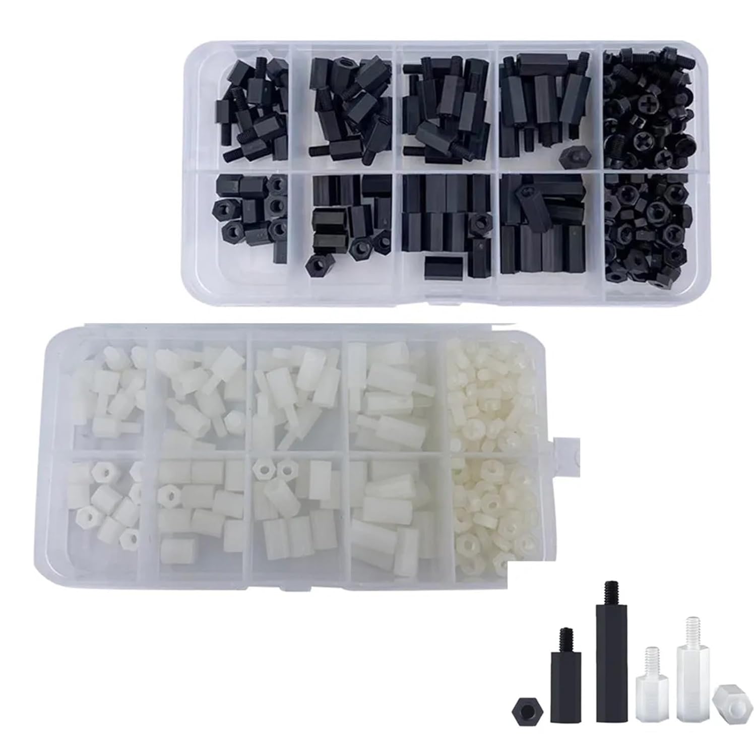 800/1200PCS M2/2.5 M3 M4 Black/White Hex Nylon Standoff Spacer Column Flat Head Plastic Spacing Screws Nuts(White,200PCS-M2.5 Mix)