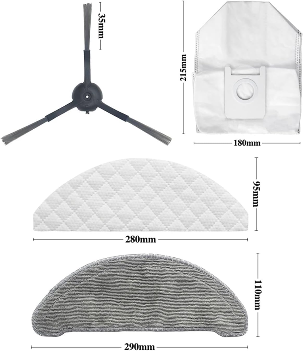 Side brush with three arms and dimensions