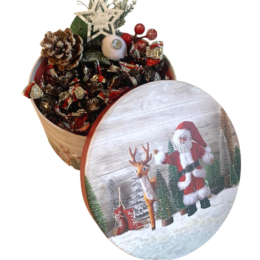Regalo di Natale 2024 - Scatola Natalizia Tonda + 200gr Koflì Chicchi di Caffè Ricoperti di Cioccolato Fondente + Ramo di Bacca Decorativo - Confezione Regalo (200G KOFLI')