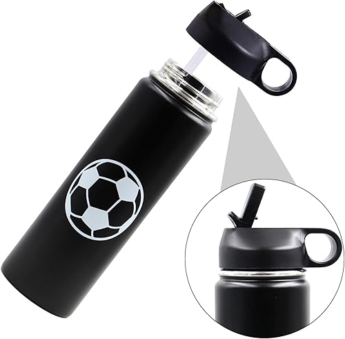 Miniatura 2 de Botella de agua de fútbol de 22 onzas con pajilla, botella deportiva de metal de viaje con 2 tapas, acero inoxidable de doble pared aislada al vacío