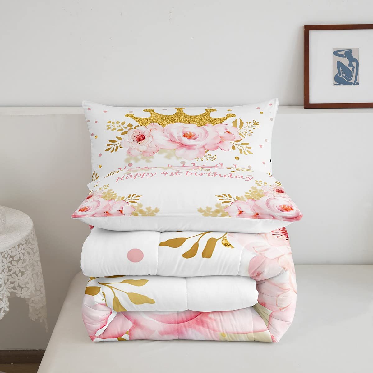 Juego de ropa de cama de 4 cumpleaños lindo juego de ropa de cama floral rosa para niños y niñas, edredón de fiesta de cumpleaños, juego de edredón floral botánico, 2 piezas de tamaño individual
