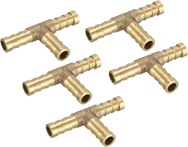 sourcing map 8mm Brass Barb Hose Fitting Tee T 3 Way Connector Joiner Air Water Fuel Gas 5pcs