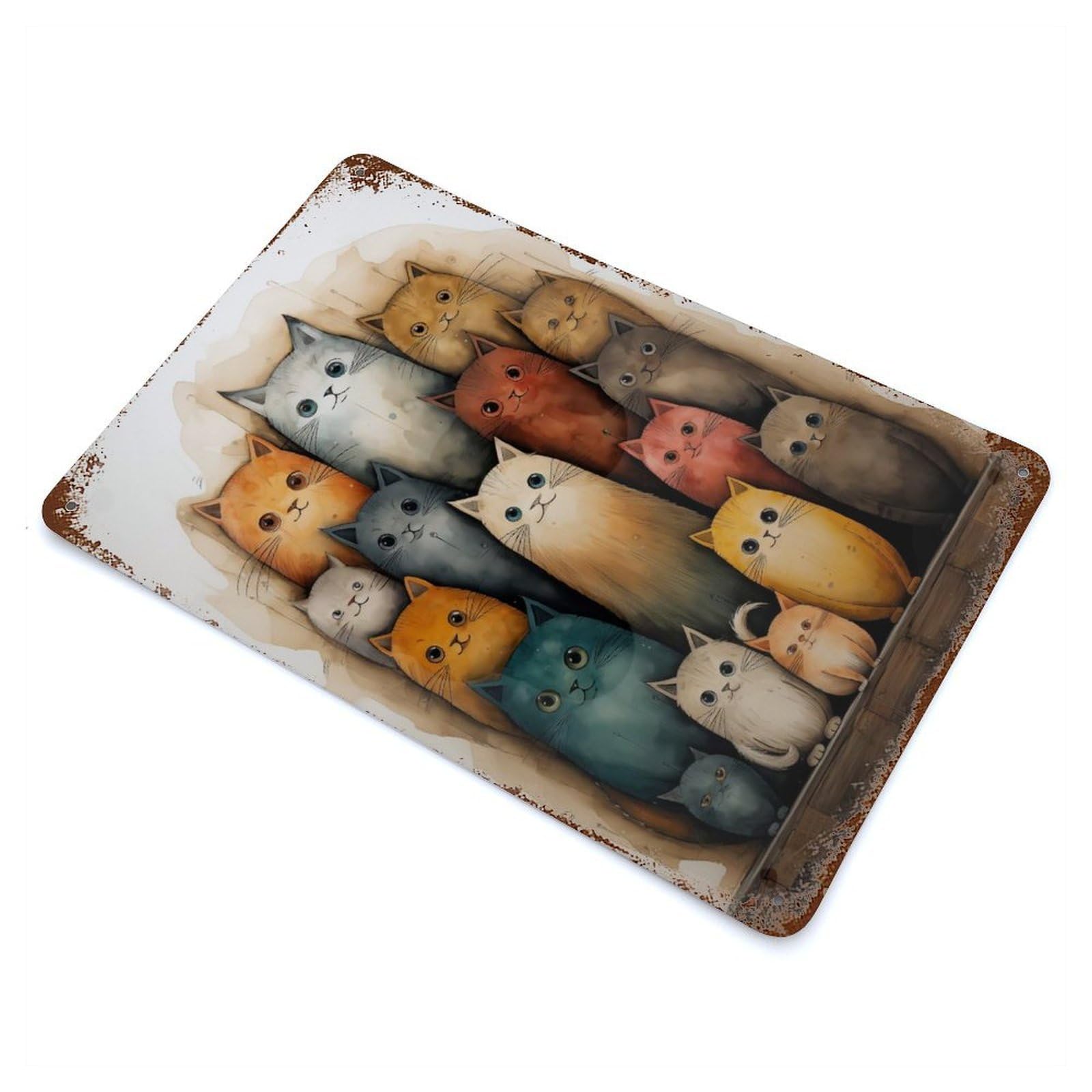 Watercolor Cat Family Rustic Tin Plaque 11.8"x7.9", Farmhouse Wall Decor for Shed, Workshop And Garage Wall Decor
