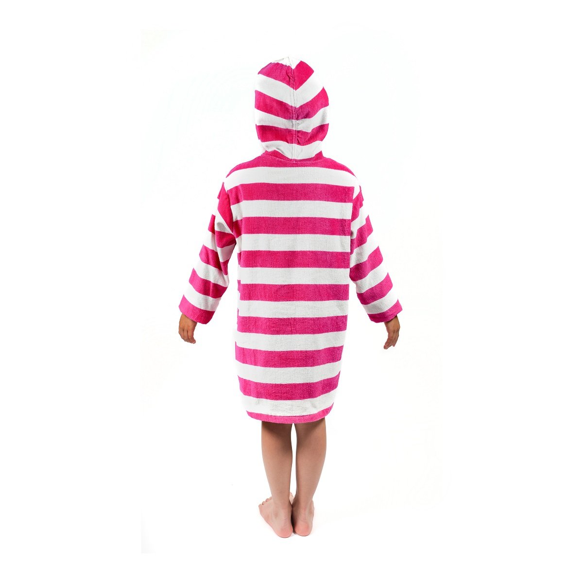 Vestito Da Spiaggia In Spugna Con Cappuccio Per Bambina - Righe Rosa E Bianche, FPS 50+, 100% Cotone, Età 6-8 Anni