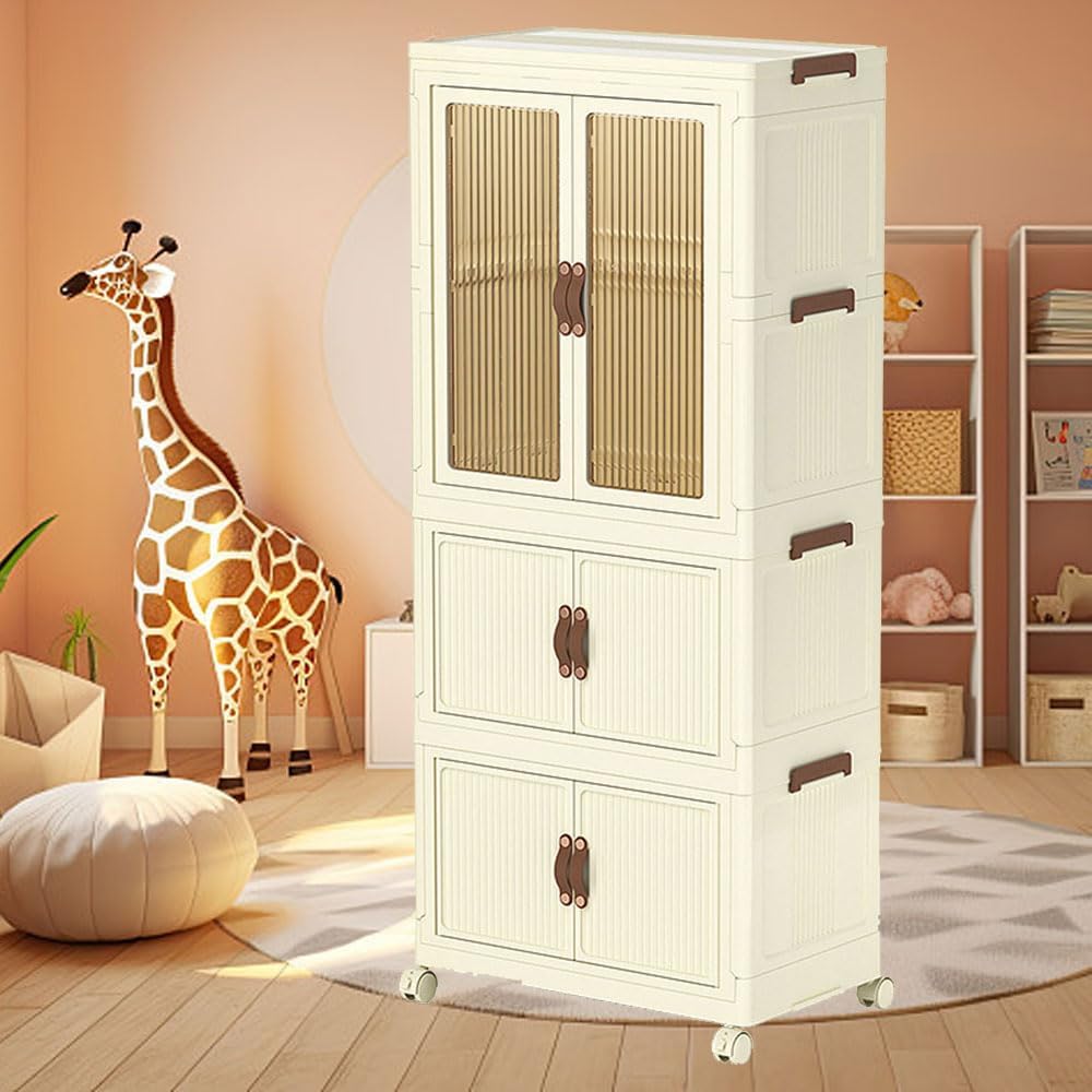 Collapsible Portable Wardrobe for Kids with Doors Large Plastic Baby Clothes Storage Cabinet for Nursery Bedroom Toddler Dresser with Hanging Rod