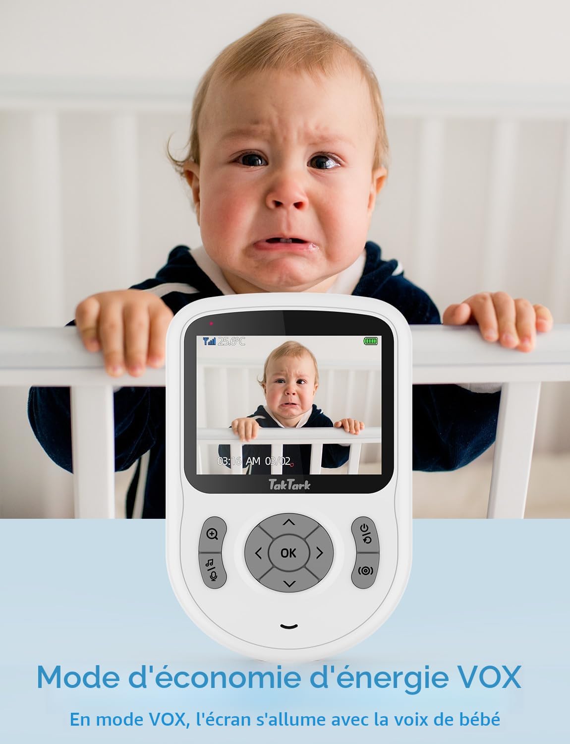 TakTark Babyphone avec caméra 2,8 pouces vidéo-babyphone 720p IPS avec caméra sans WLAN, batterie 750mAh, conversation bidirectionnelle, mode VOX, zoom numérique 3×, vision nocturne, surveillance de