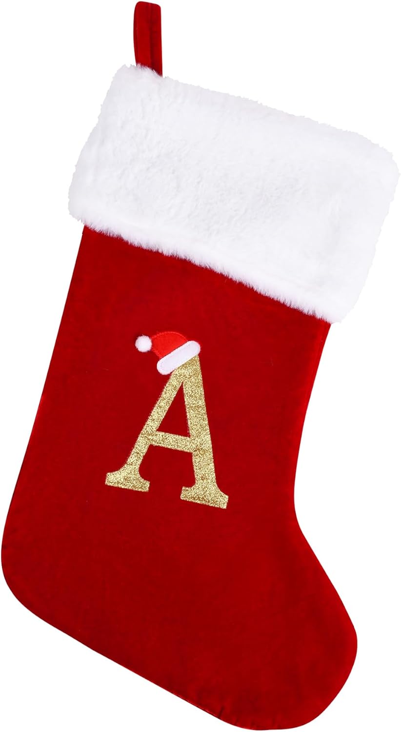 20 Inches Monogram Christmas Stockings with Letters, Large Super Soft Christmas Stockings Red Velvet with White Super Soft Plush Cuff for Christmas Xmas Tree Holiday Fireplace (A)