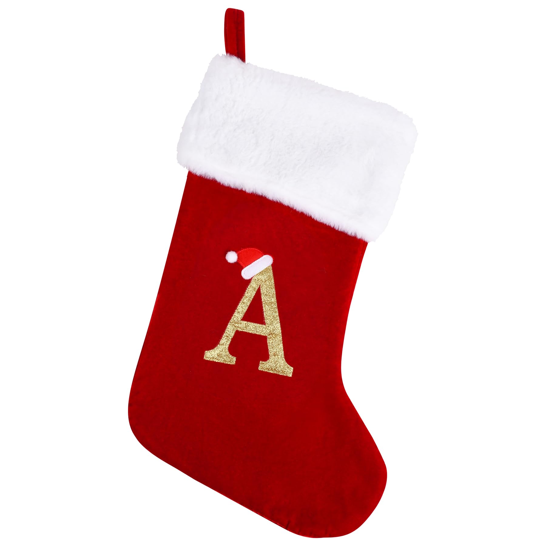 20 Inches Monogram Christmas Stockings with Letters, Large Super Soft Christmas Stockings Red Velvet with White Super Soft Plush Cuff for Christmas Xmas Tree Holiday Fireplace (A)