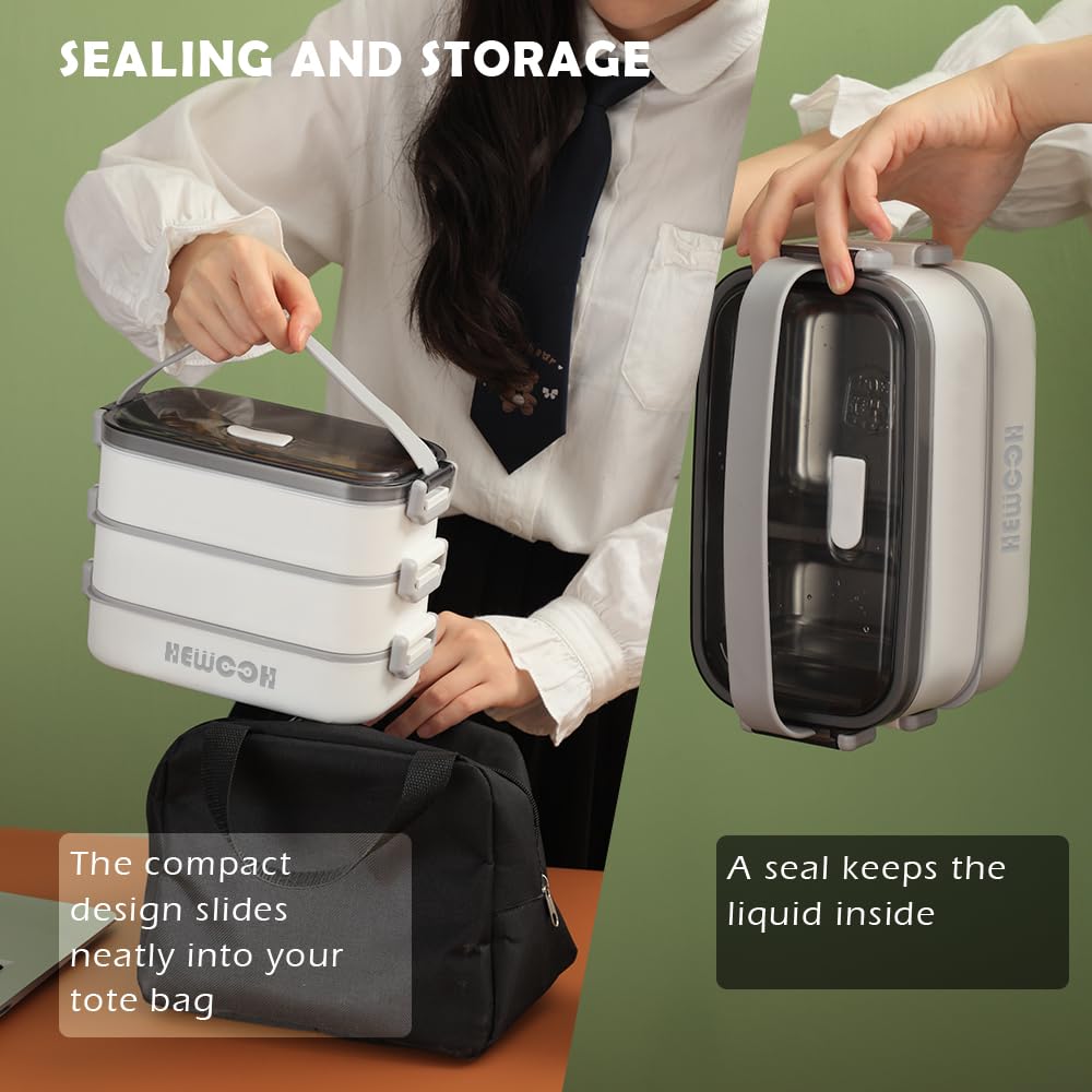 Grande borsa per il pranzo per adulti (2 kg di capacità riutilizzabile, con borsa per il pranzo, forchetta e cucchiaio, 3 divisori, adatta per lavastoviglie e microonde (bianco)