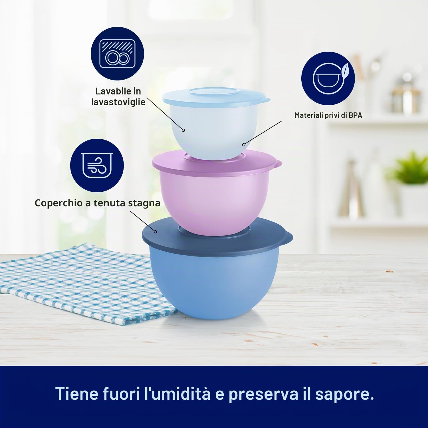 Tupperware Impressions Classic, set di 3 ciotole per alimenti in blu e viola, adatte per lavastoviglie e senza BPA (3 contenitori, 3 coperchi)
