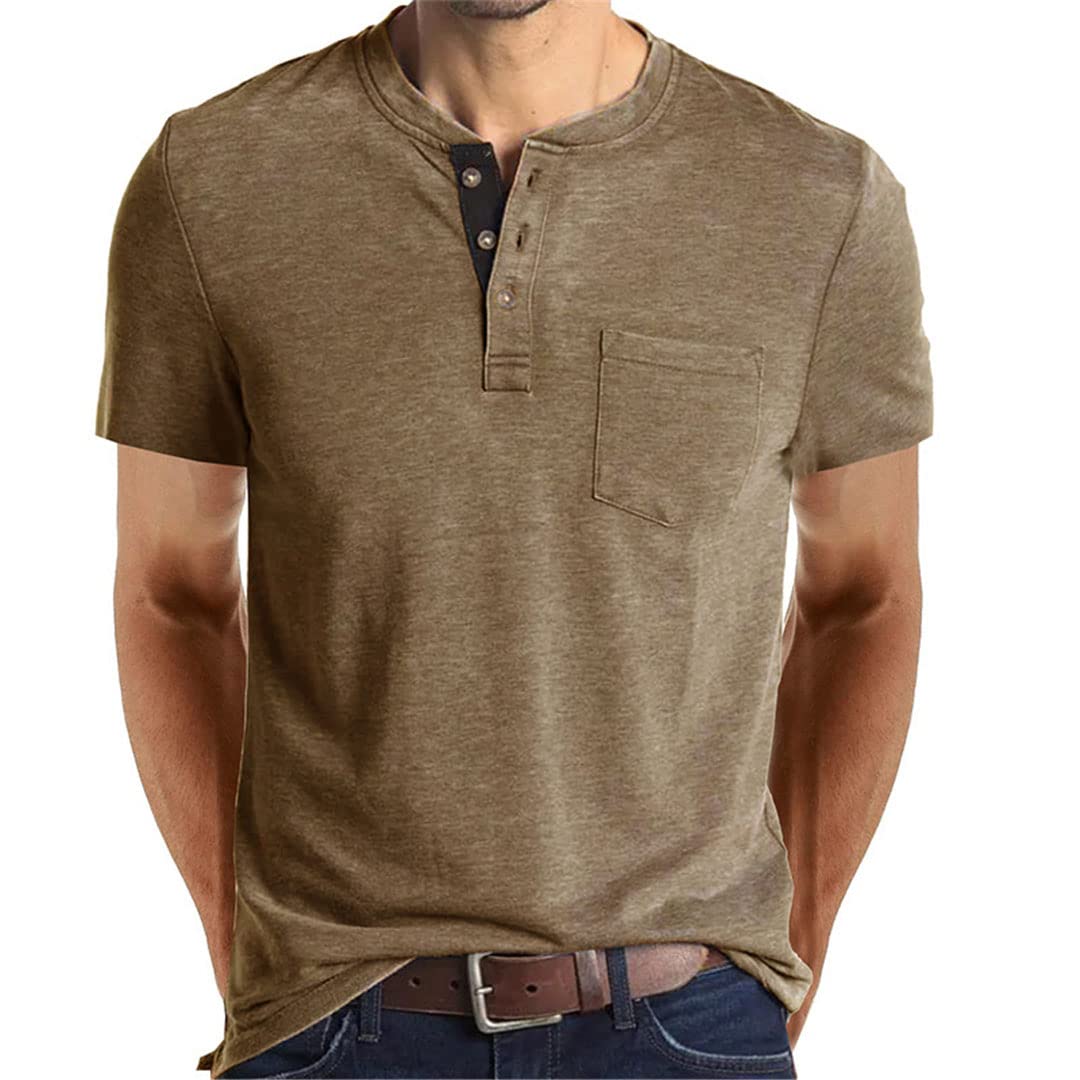 Vogrtcc Maglietta a maniche corte da uomo con scollo a O Henley Pullover con bottoni e tasche, Come da immagine1, S