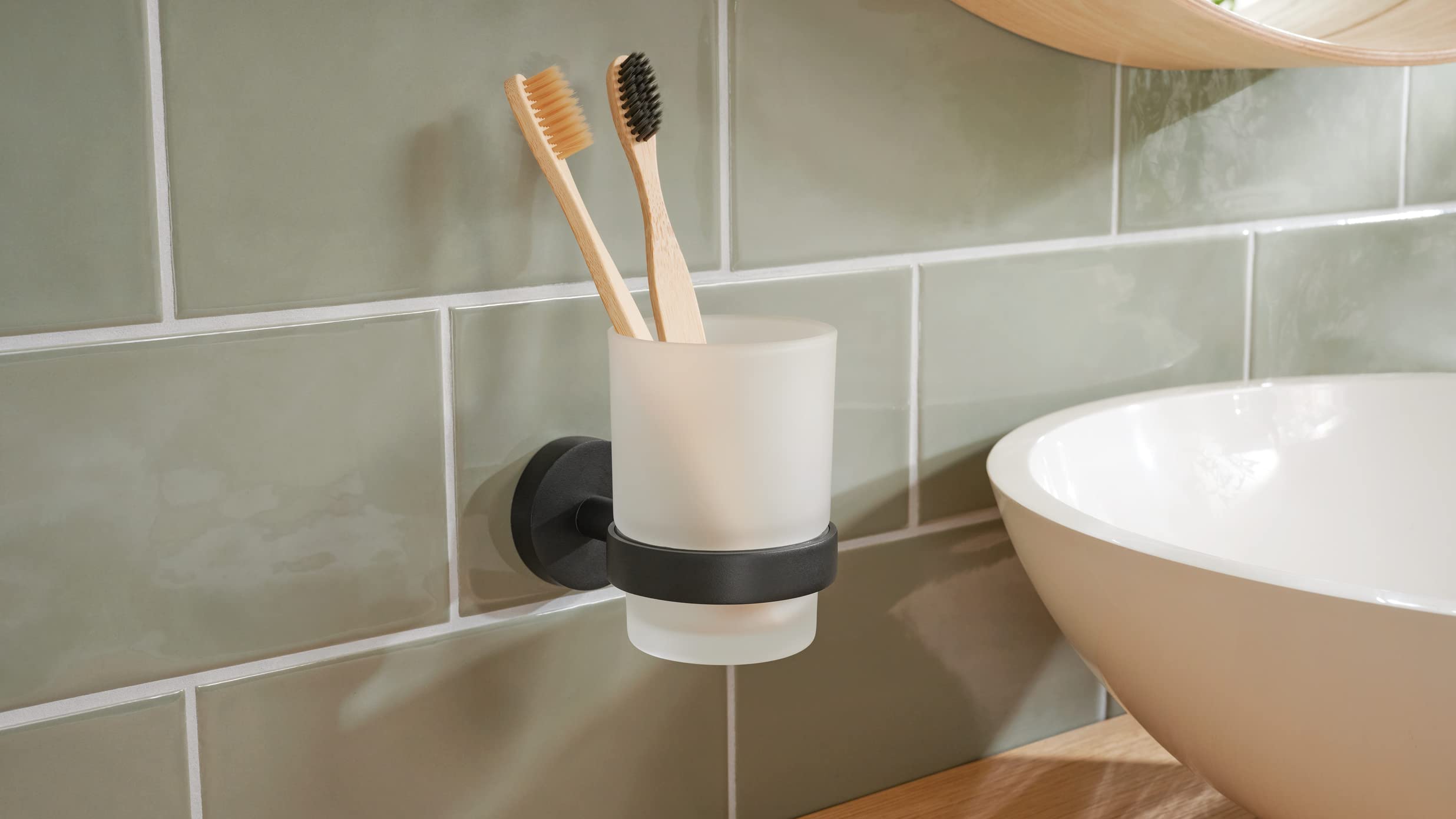 tesa MOON BLACK Toothbrush Tumbler made of satin glass with holder, matt black - for bathrooms in industrial style and modern bathrooms - drill-free, incl. adhesive solution - 96 mm x 70 mm x 109 mm