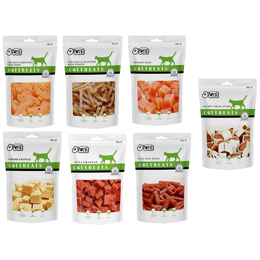PETS EMPIRE O'Cat Healthy Cat Treat Combo Pack, Kitten Snack Bites for Training and Feeding, Chicken/Tuna/Sushi/Codfish Mixed Flavour, Non-Vegetarian Kitty Snacks for Cats, Kittens (50 g X 7)
