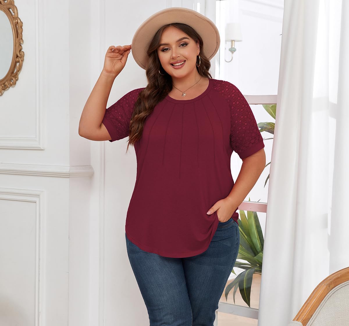 Women's Plus Size Lace Shirt Short Sleeve Round Neck Tops Basic Ladies Loose Fit T Shirt - Image 5