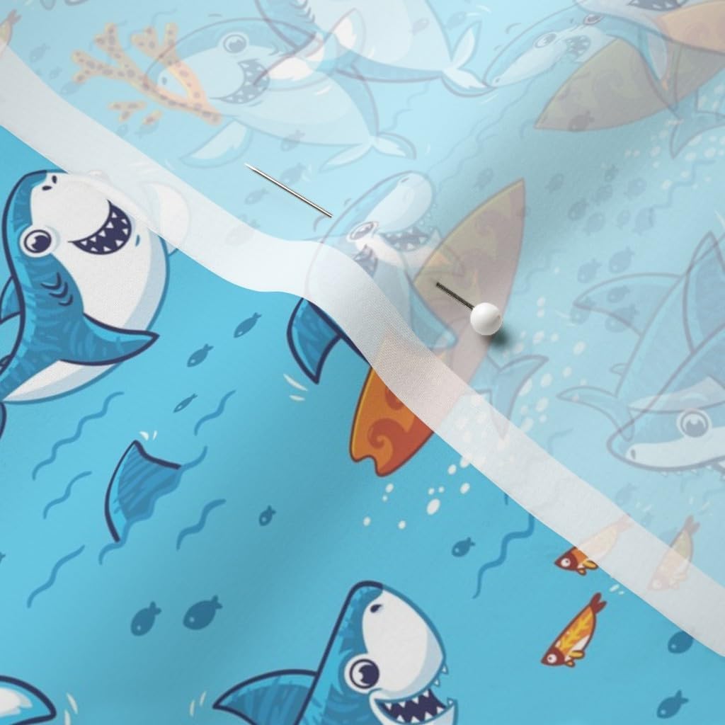 Spoonflower Fabric - Cute Sharks Ocean Nursery Summer Surf Sea Kids Blue Water Illustration Printed on Chiffon Fabric by The Yard - Sewing Fashion Apparel Dresses Home Decor