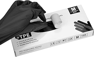 OKIAAS Black Plastic Gloves Disposable Medium, 100 Counts, Latex-Free, Thin and Loose-Fitting TPE Gloves for Food Prep, Co...