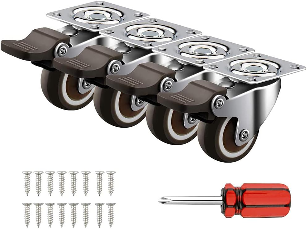 Homhoo 4 Pack 1.25" Caster Wheels Swivel Plate w/Break Casters On Black Polyurethane Wheels Heavy Duty - 100 lbs Total Capacity Caster (4 with Brake), 16 Screws & A Handy Screwdriver for Free