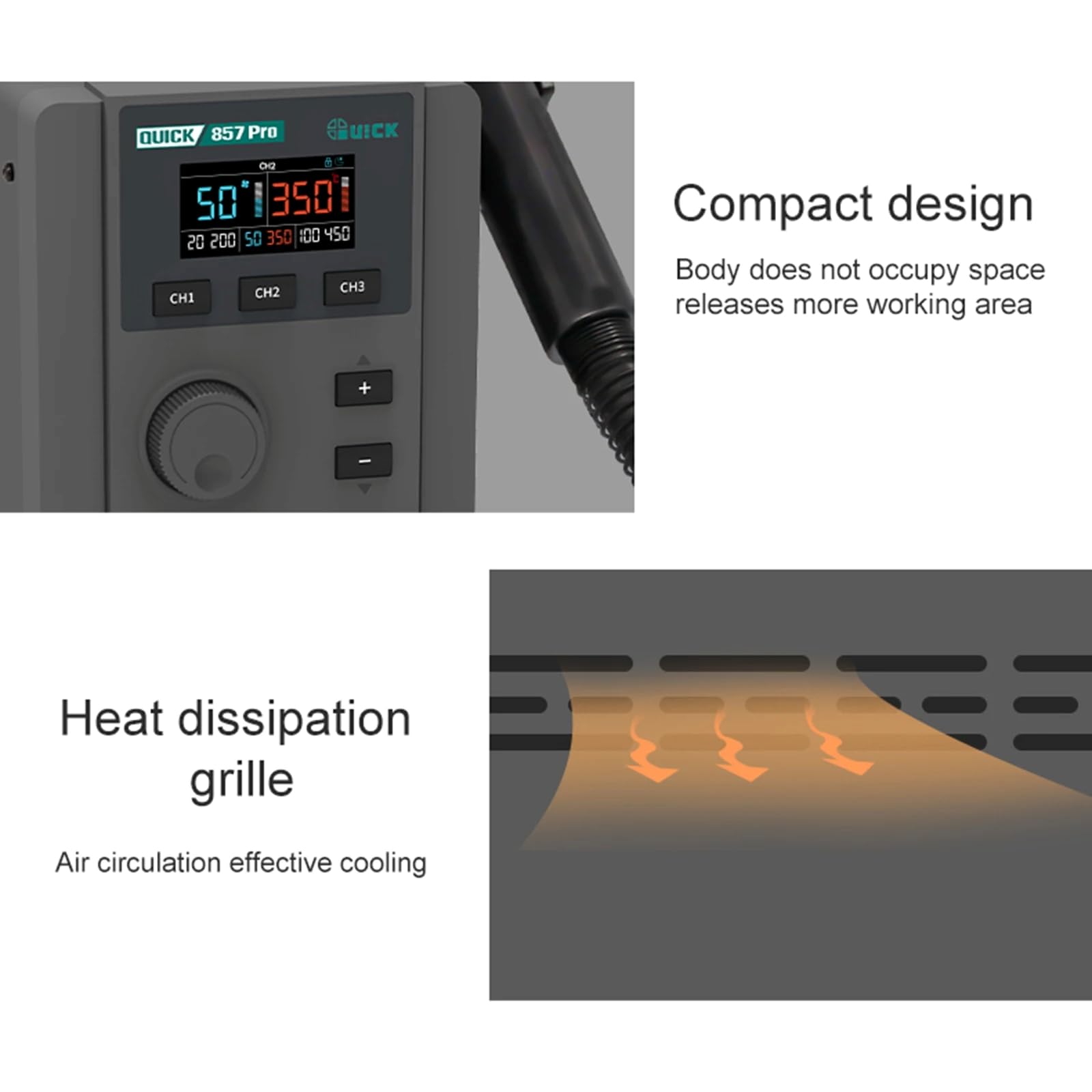857 Pro 580W Digital Hot-Air-Rework-Station, intelligente Heißluftpistole und Lötstation mit 3 Düsen für die Reparatur von Handy-PCBs