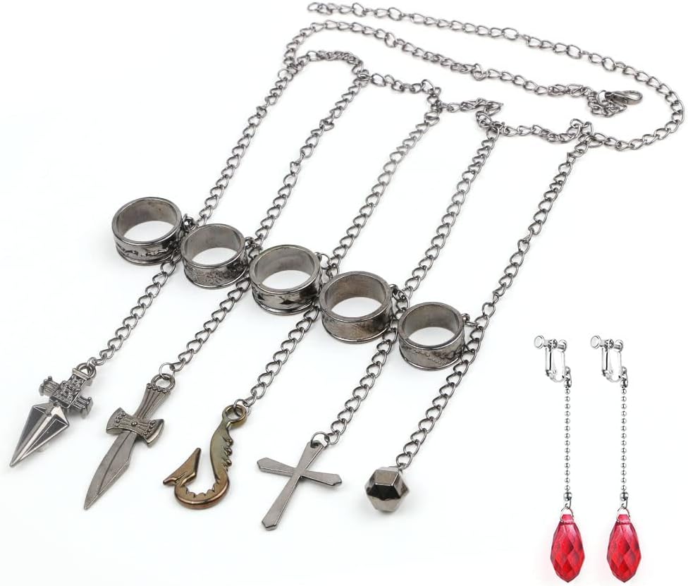 Vicloon Kurapika Cosplay Chains and Earrings Clips, Five Finger Rings Bracelet Cosplay Props Halloween for Adult Kid Women Men Girls Black, Black, 30CM