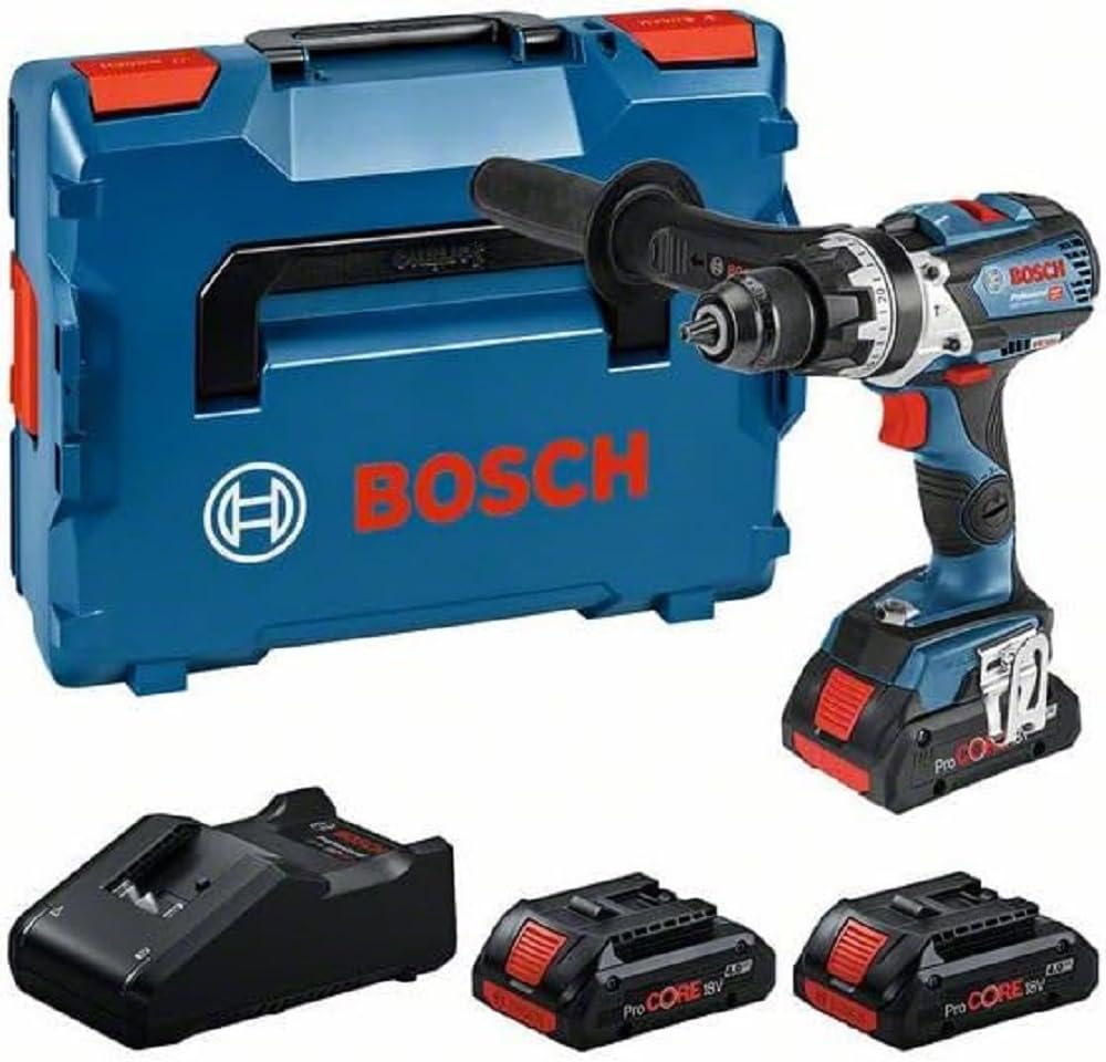 Bosch Professional 18V System taladro percutor a batería GSB 18V-110 C (par de apriete máx. 110 Nm, incl. 3 baterías recargables ProCORE de 4,0 Ah, cargador GAL 18V-40, en L-BOXX)