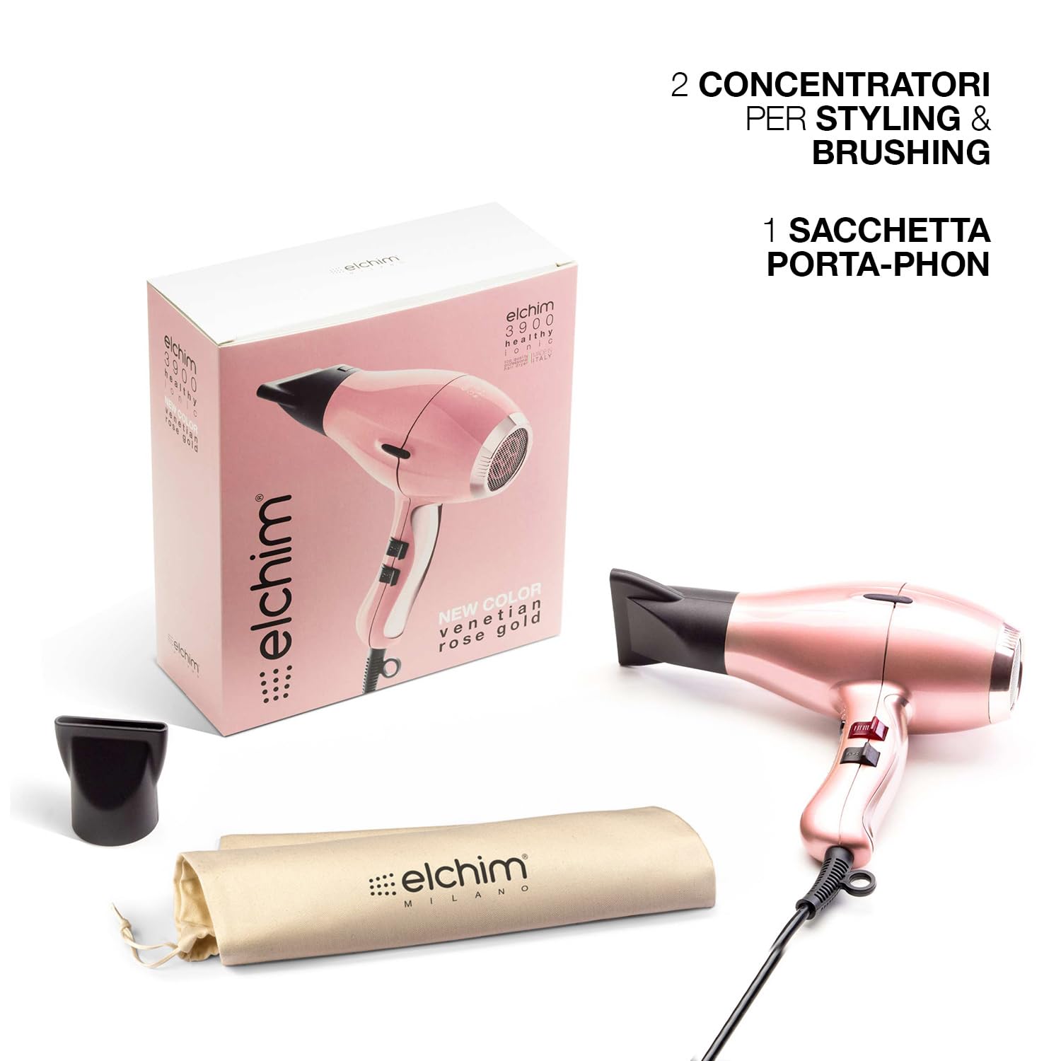 Haartrockner elchim 3900 Healthy Ionic Venetian Roségold, Schuko-Stecker mit Baumwollbeutel – Professioneller Haartrockner Made in Italy – leicht und leise, reduzierte Trocknung 30%, 2400 W