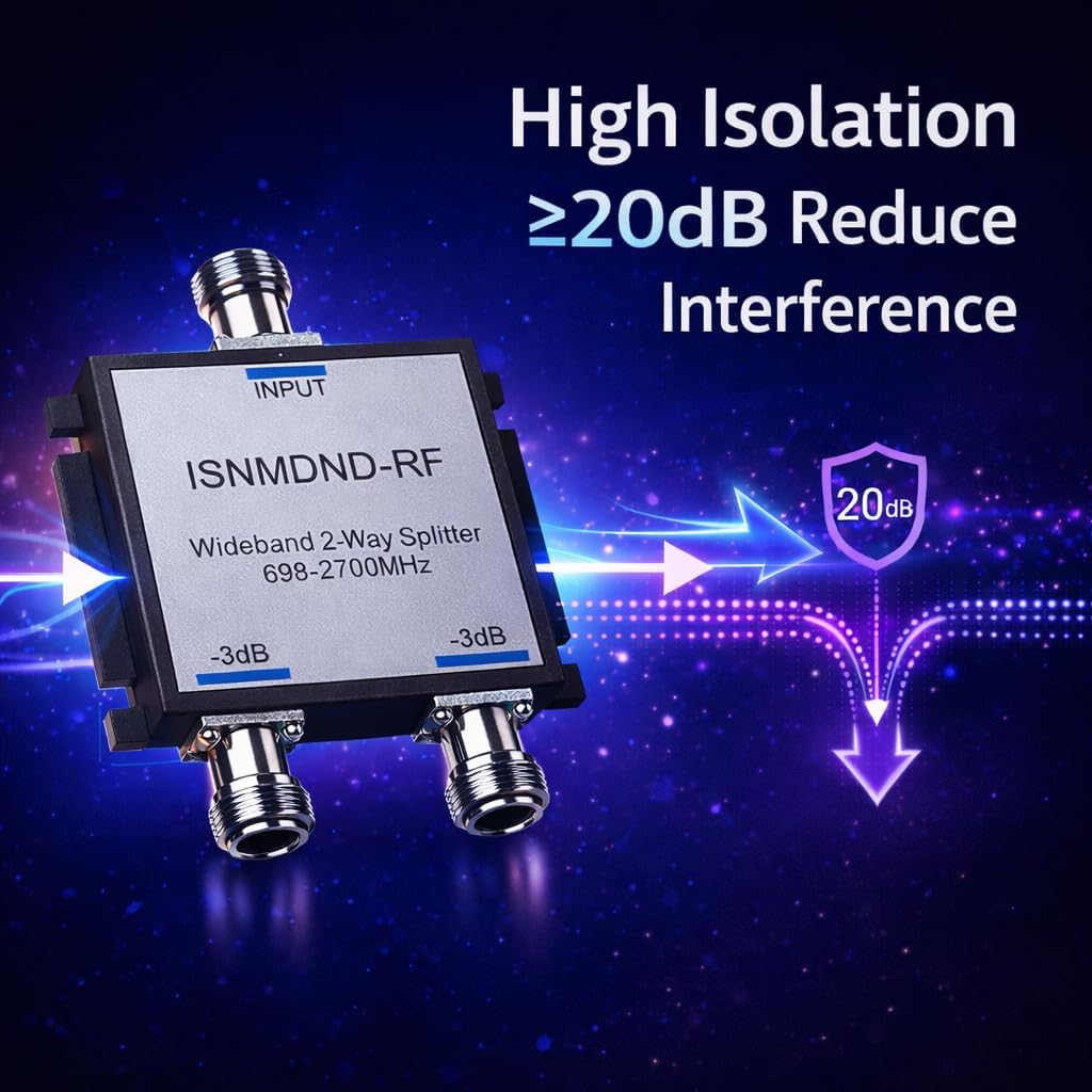 Wide-Band 2 Way RF Splitter with N Female Connectors, Cellular Signal Booster Splitter, 698–2600 MHz, Compatible with All US Carriers 2G/3G/4G LTE (Not for TV)