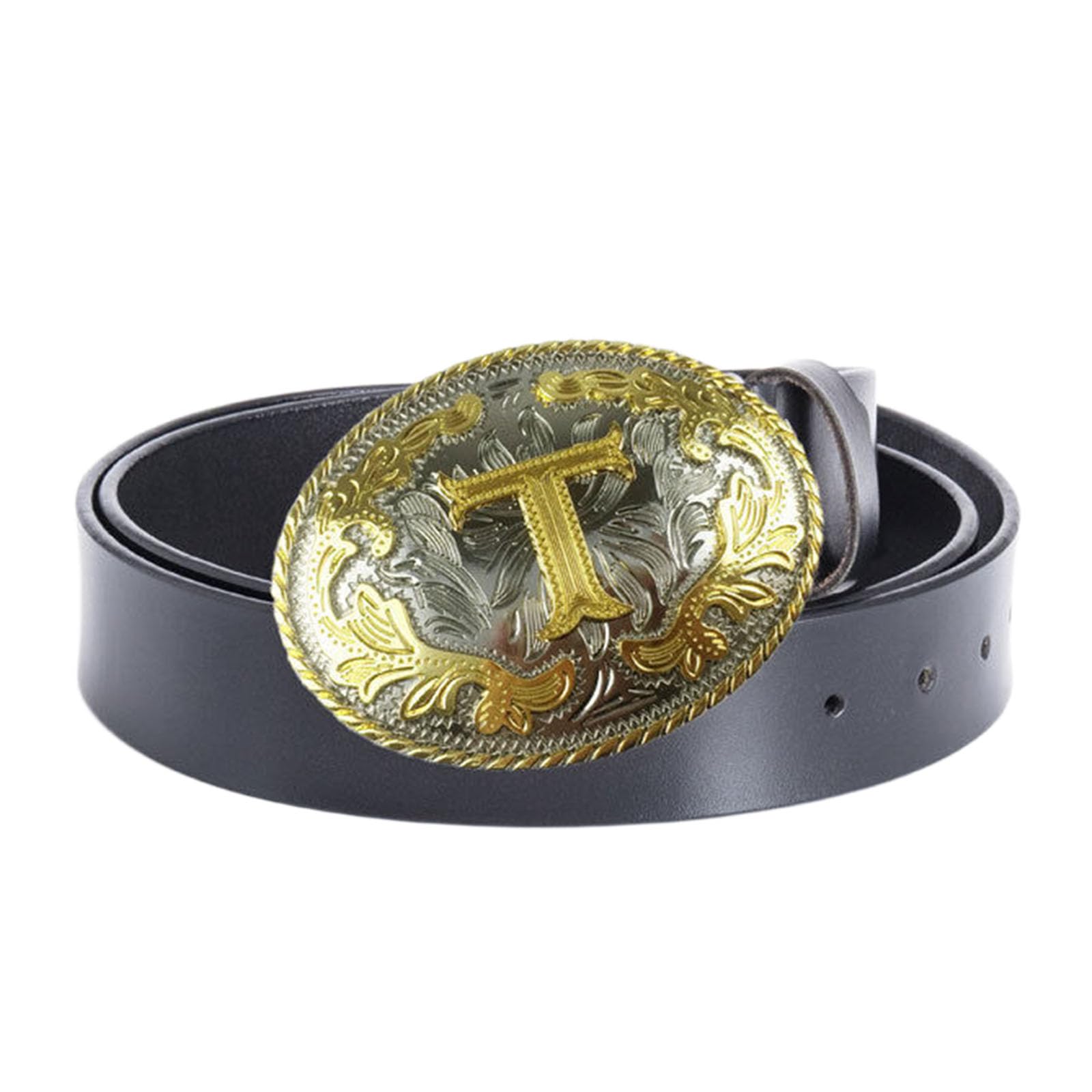 BDAYEK Men's Belt Men'S Belt Western Cowboy Genuine Leather With Alphabetical Buckle Brown(T Black,110Cm/43.3'')
