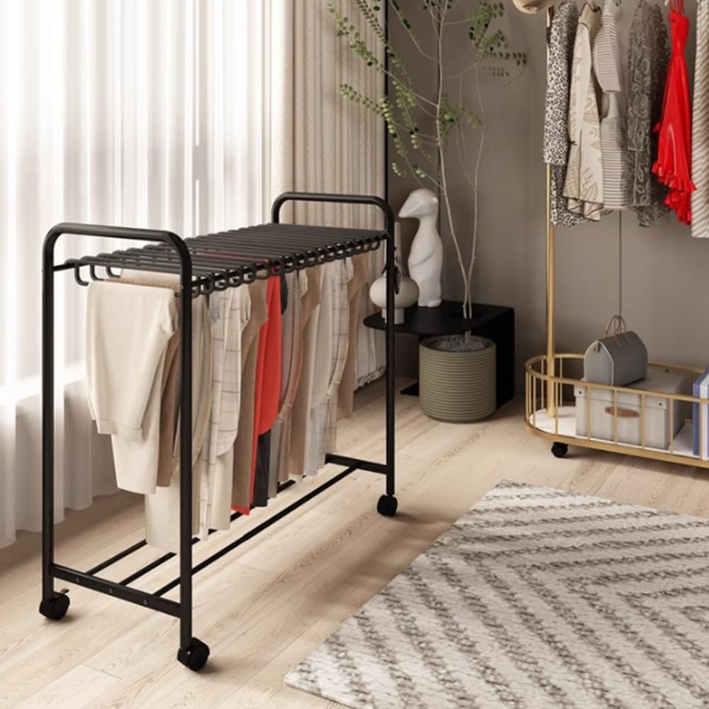 Perchero extraíble para Pantalones, Perchero telescópico con Ruedas, Organizador Ajustable con Ruedas para 24/30 Pantalones, Vaqueros y Faldas - Solución de Almacenamiento para armarios, neg