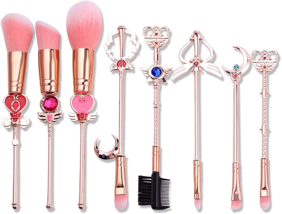 SailorMoonMakeup Brush 8pcs Set With Pouch, Magical Girl Gold/Rose Gold Cardcaptor Sakura Cosmetic Brushes With Cute Pink Bag (193g Rose Gold) โฆ