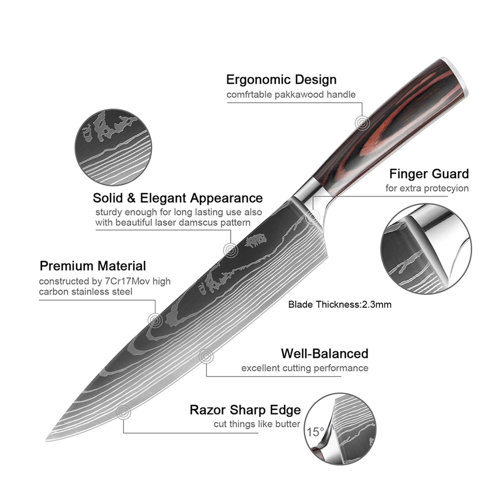 Ostre noże kuchenne 8 "Santoku nóż szefa kuchni damasceński wzór tasak noże do krojenia cięcia warzyw i nóż do gotowania mięsa