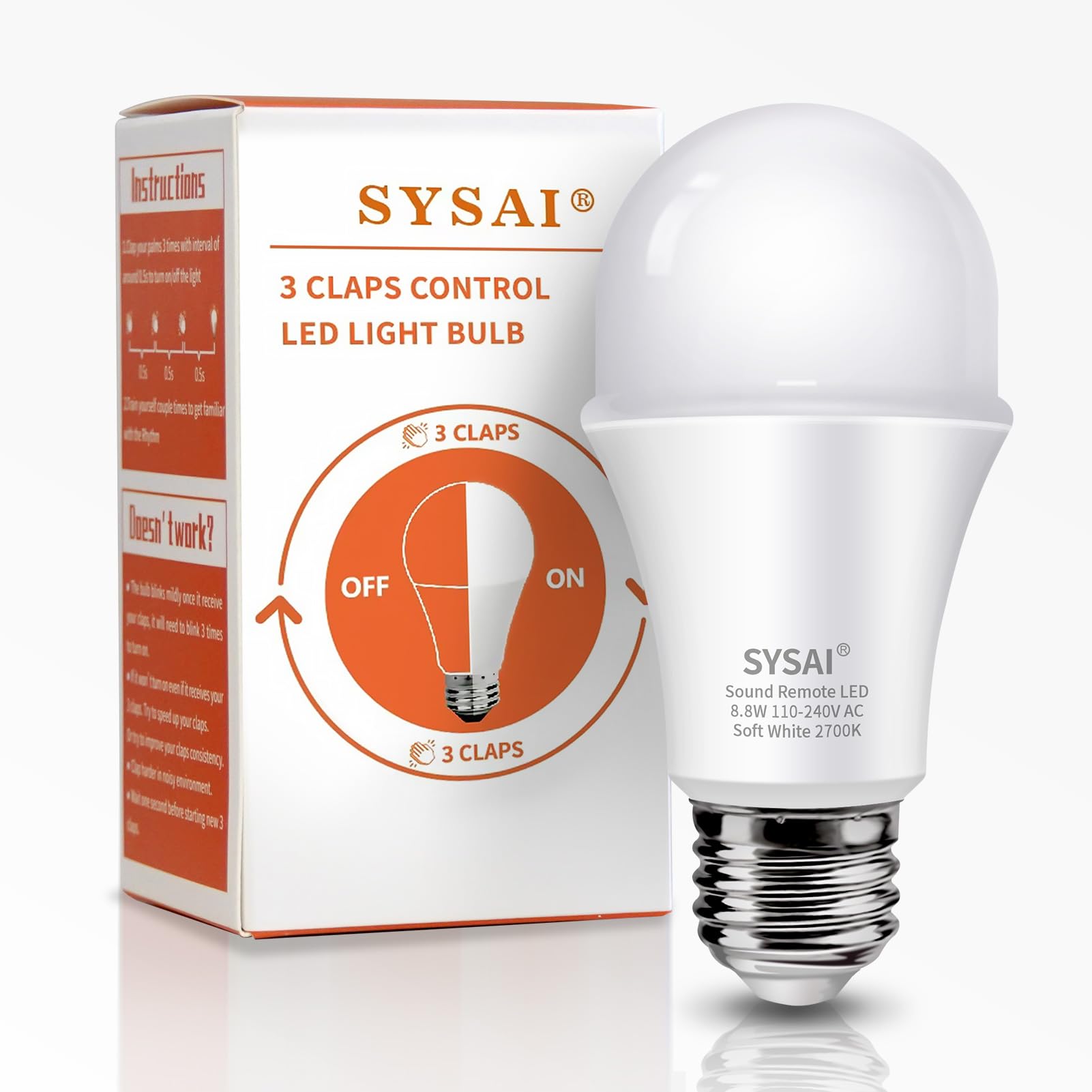 SYSAI 3 Claps Light Control Bulb for Bedroom Table Lamp Upgrade, Sound Activated ON/Off Solution, Clap Detection, Smart Home, As Seen On TV, Soft White