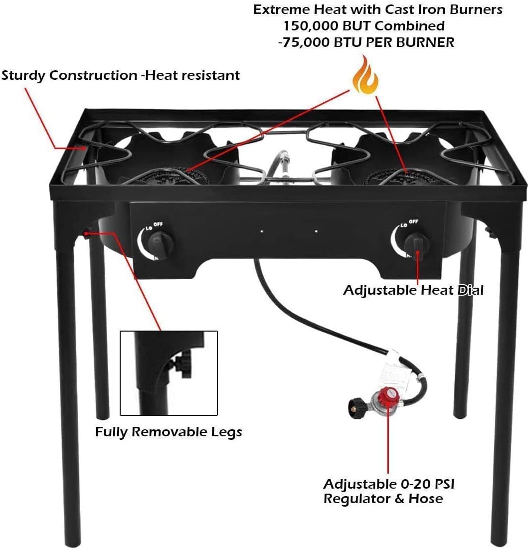 S AFSTAR Outdoor Dual Stove Burner with Stand and 16 QT Cooler Set, High Pressure Propane Gas Cooker with Detachable Legs, Heavy-duty Ice Chest for Cold & Heat Preservation for Camping Fishing BBQ