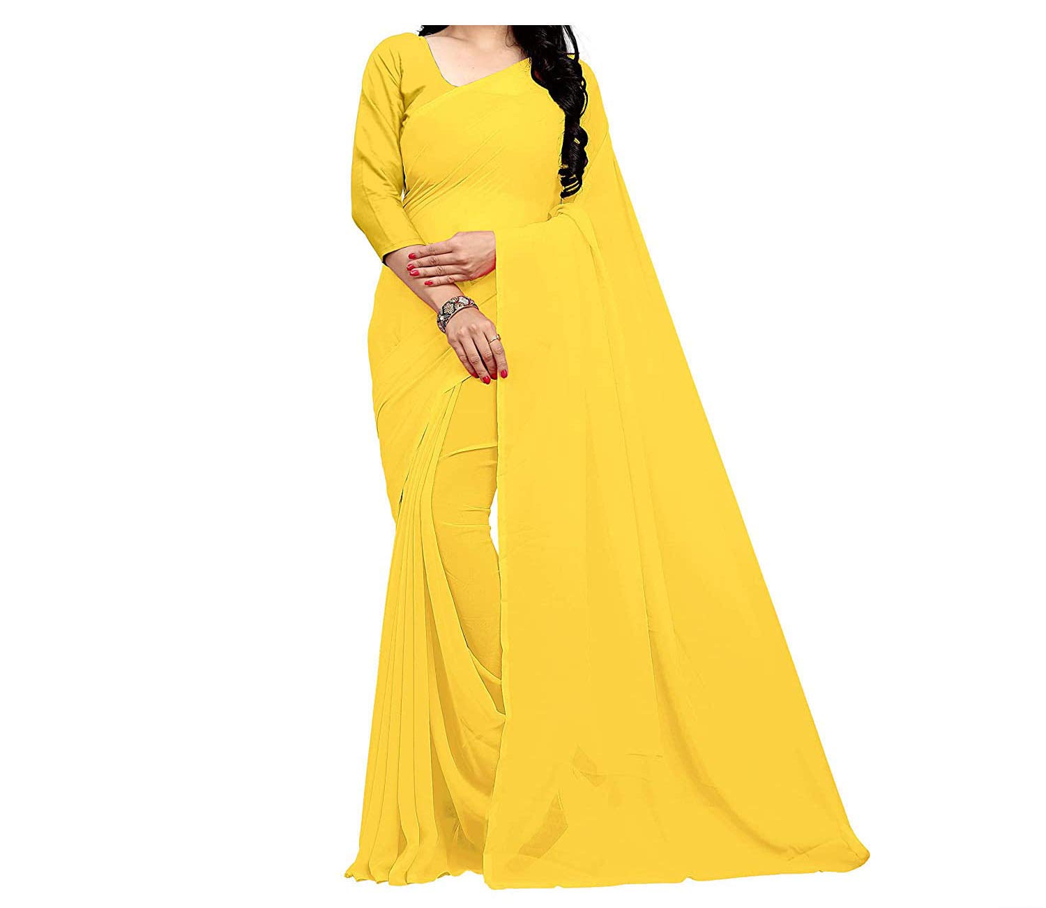 Georgette Plain Saree with Unstiched Blouse Piece Saree for Women's Yellow