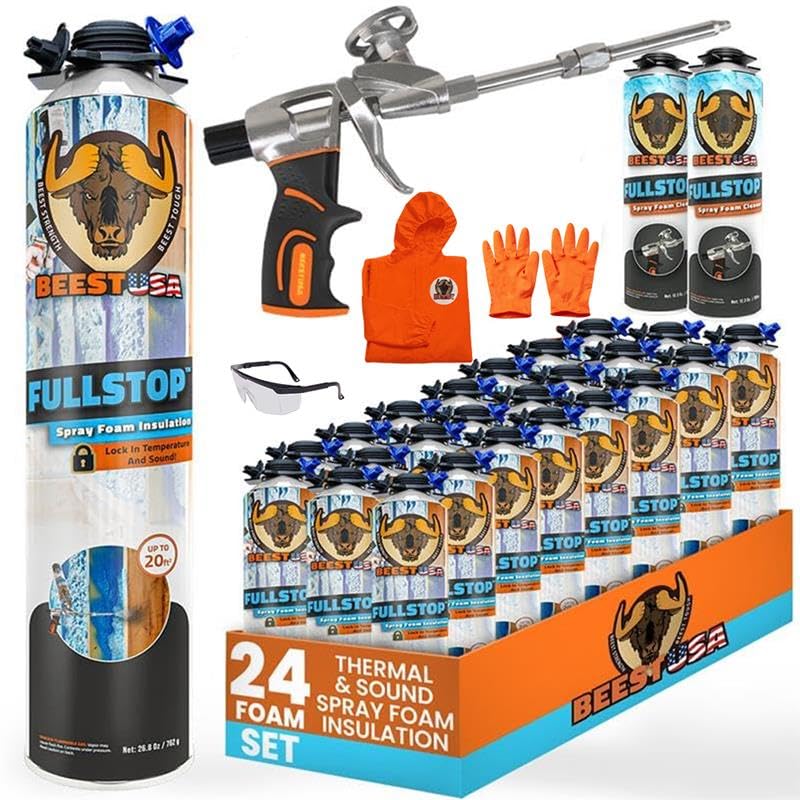BEEST FullStop Spray Foam Insulation Kit for Walls and Attic - 480 Board ft/sq.ft Perfect Heat & Acoustic Insulation for Reduced Energy Bills - 24x Spray Foam Can, 2X Cleaner, 1 Pro Gun & Safety Gear
