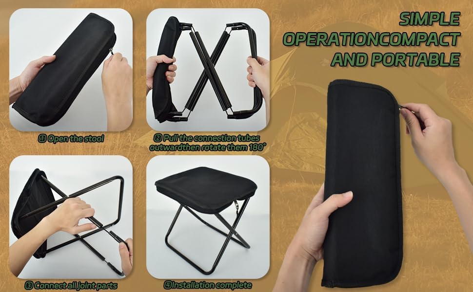 Image of Pcs of 2 Beach Stools Portable Folding Chair, with Zippered Pouch, Folding Stools for Travelling, Heavy Duty Camping stools, Hiking Stool Picnic Stool Desk Chairs, Office (Black)