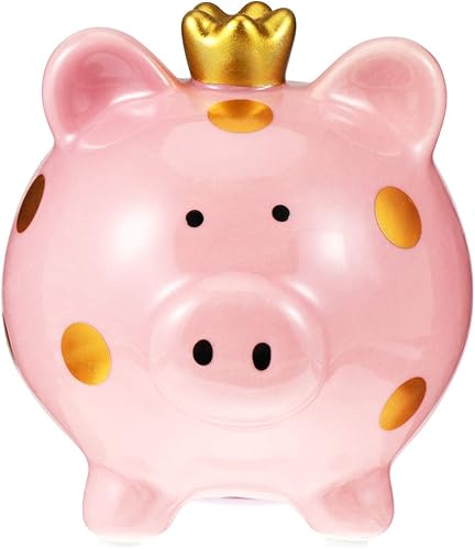 VICASKY Cerdito de cerdo de cerámica con corona de cerdo, banco de monedas para ahorrar dinero, contenedor de cambio para niños, regalo de