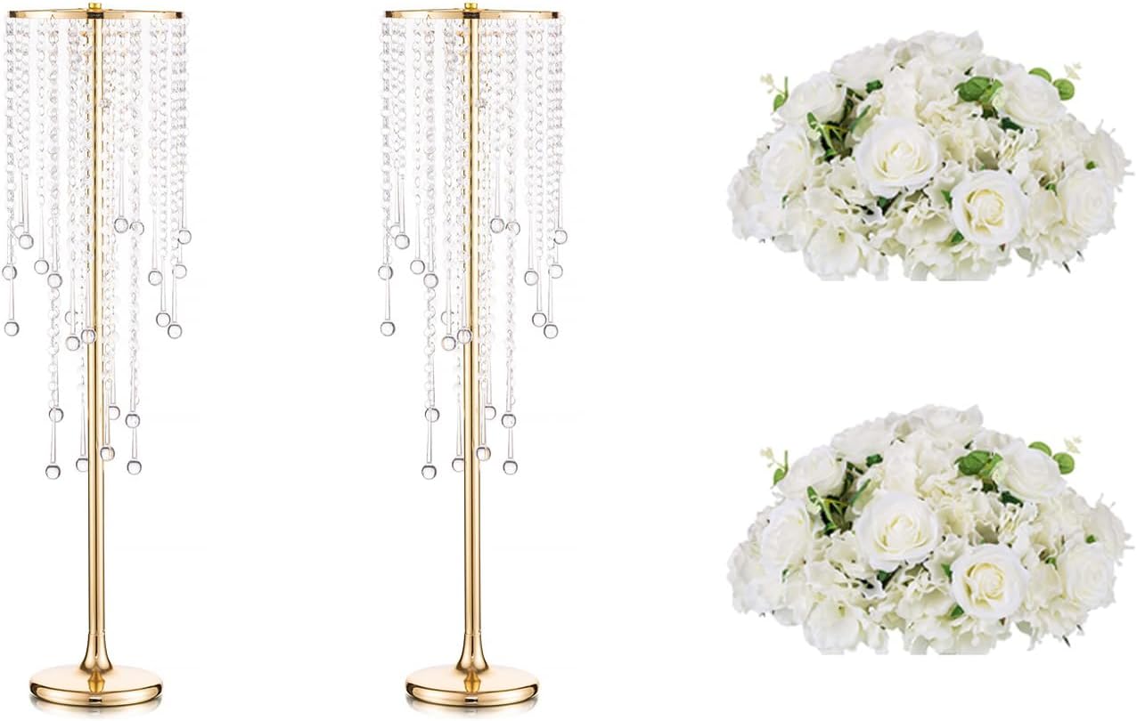 NUPTIO 2 Pcs Wedding Vase & 2 Pcs Artificial Flowers Set for Wedding Centerpieces for Tables