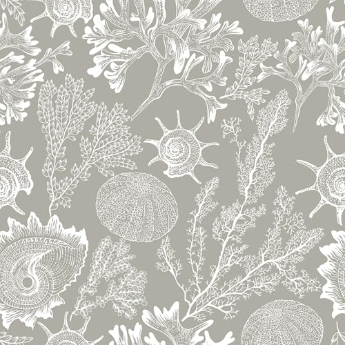 Safiyya Peel and Stick Wallpaper Taupe Grey Contact Paper Ocean Coastal Beach Modern Wall Paper Seaweed Conch Self Adhesive Removable Wallpaper for Bedroom Bathroom Vinyl Roll 17.3"x 78.7"